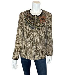 CHICOS 1 US‎ M Leopard Print Micro Suede Embroidered Jacket Sequin Embellished